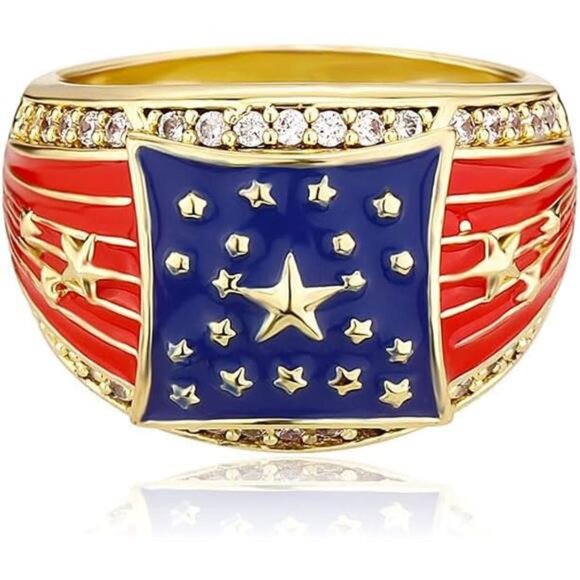 American Flag Rings for Men 14K Gold-Plated - Patriotic Chunky Ring Trendy - Picture 1 of 4